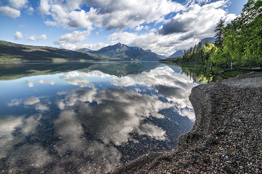 About Our Agency - View of the Shore Edge of Lake McDonald with Cloud Reflections in the Water and Views of Mountains in the Background
