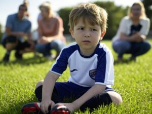 A young soccer player in a blue and white jersey sits on the grass, looking thoughtful while parents watch from the sidelines.