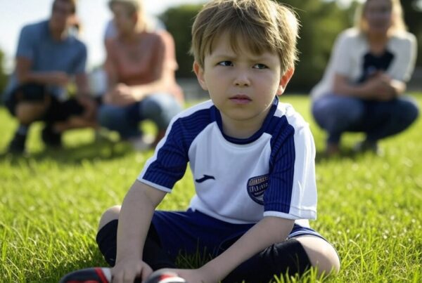 A young soccer player in a blue and white jersey sits on the grass, looking thoughtful while parents watch from the sidelines.