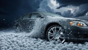 A dark gray car covered in large hailstones during a severe hailstorm, with storm clouds in the background.