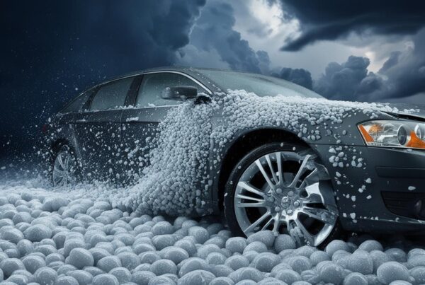A dark gray car covered in large hailstones during a severe hailstorm, with storm clouds in the background.