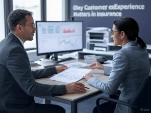 n insurance agent in a suit explains documents to a client across a desk in a modern office. A computer monitor and neatly arranged papers are on the desk. The background features the headline 'Why Customer Experience Matters in Insurance' with overlay text listing 'Clear Communication,' 'Transparency,' 'Responsiveness,' and 'Education' in a blue, gray, and white color scheme.
