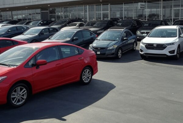 A variety of used cars parked on a dealership lot with a showroom building in the background.